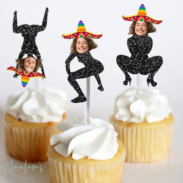 Final Fiesta Bachelorette Party Bride Face Wearing Sombrero Stripper Cupcake Toppers, Mexico Bachelorette Party, Bach Party Decor, Twerk