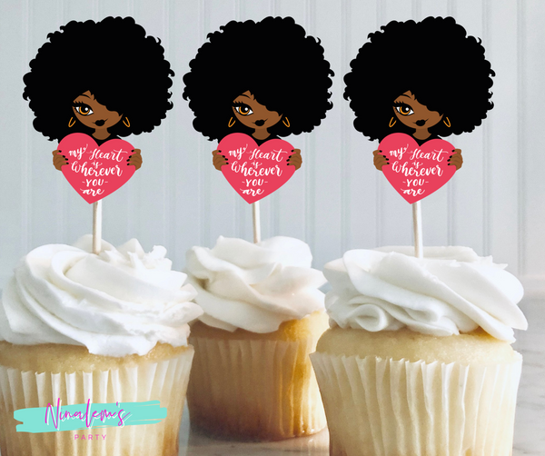 Valentine's Day Afro Chic Cupcake Toppers (Heart Text)