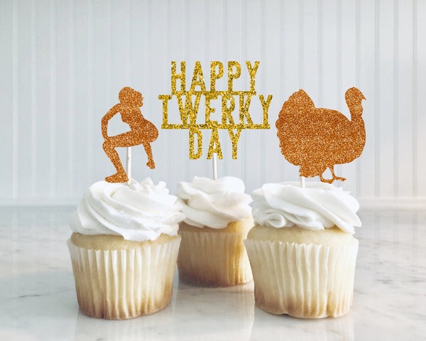 Funny Thanksgiving Decorations, Friendsgiving Decorations, Thanksgiving Cupcake Toppers, Happy Twerky Day, Bachelorette Party Decor